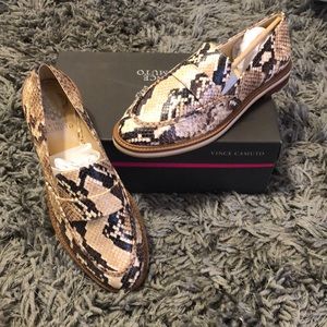 Vince Camuto snakeprint loafers.